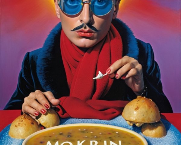 Stylized Man with Mustache and Colorful Soup Bowl