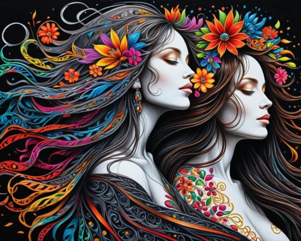 Intertwined Profiles of Women with Floral Patterns
