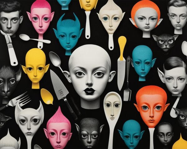 Colorful Stylized Faces and Kitchen Utensils Artwork