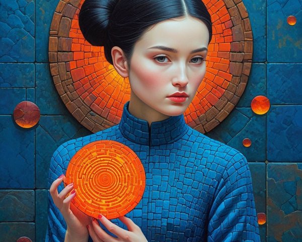 Young woman in blue garment with orange orb backdrop