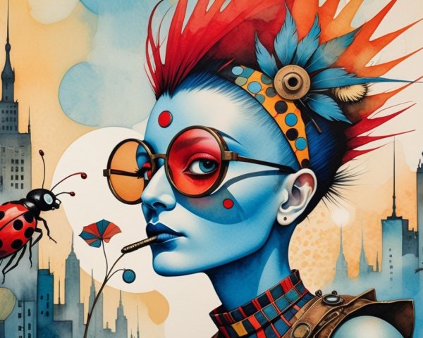 Portrait of a Woman with Blue Skin and Cityscape