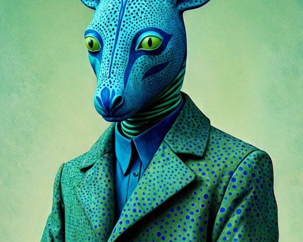 Surreal Figure in Polka Dot Suit with Animal Head