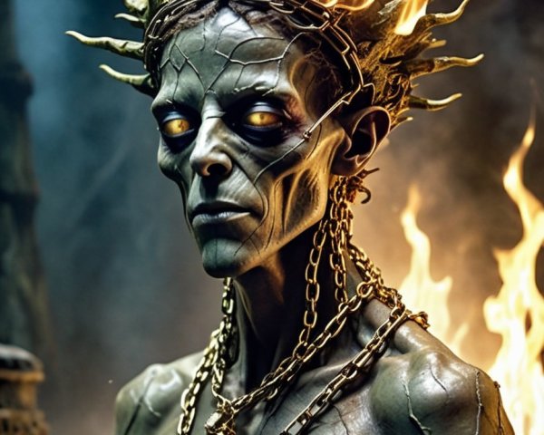 Haunting Figure with Skeletal Face and Thorny Headdress