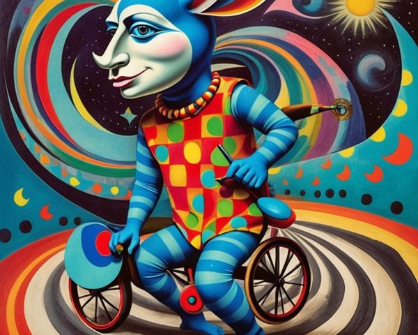 Surreal Artwork of Blue Figure on Tricycle with Palette
