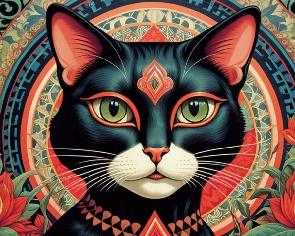 Illustration of a black cat with green eyes and patterns