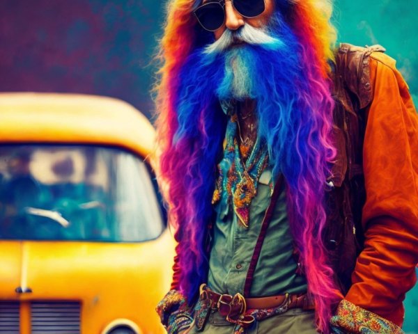 Vibrant Figure with Multicolored Hair and Retro Vehicle
