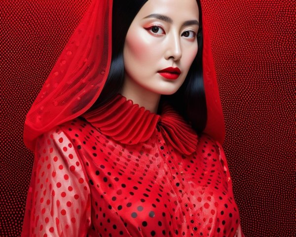 Vibrant Red Polka Dot Outfit with Dramatic Background
