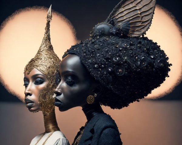 Elegant Women with Intricate Headpieces in Soft Focus