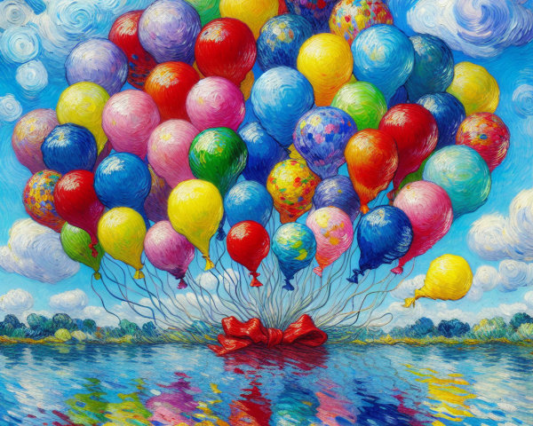 Colorful Balloons Floating Above Shimmering Water