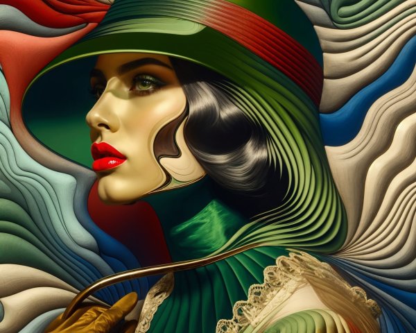 Stylized Portrait of a Woman with Green Hat and Blouse