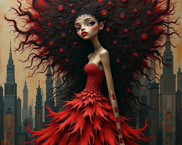 Porcelain Doll Character with Red Dress and City Background