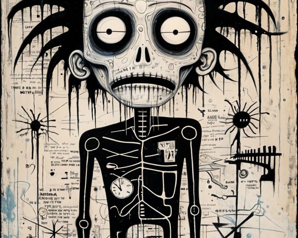 Stylized Skeleton Artwork with Chaotic Background Elements
