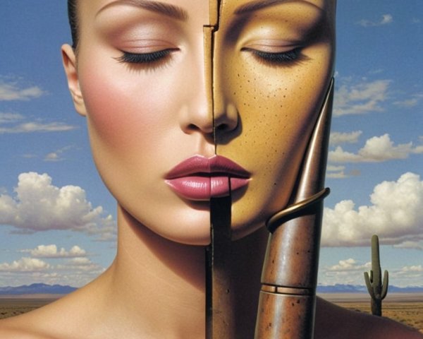 Split Face of Woman and Robot in Desert Landscape