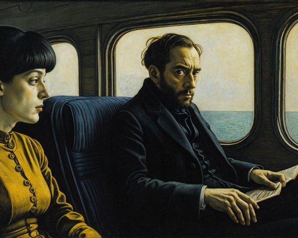Contemplative Couple in Train Carriage by the Sea