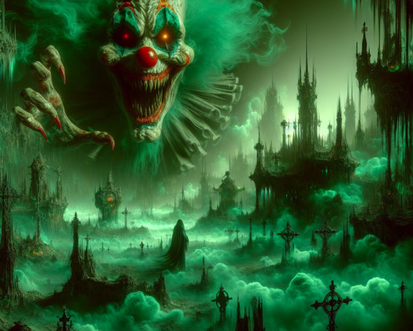 Menacing Clown in Dark Eerie Landscape with Mist