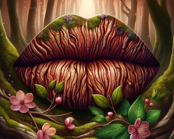 Lush Wooden Lips Surrounded by Blossoms in Forest