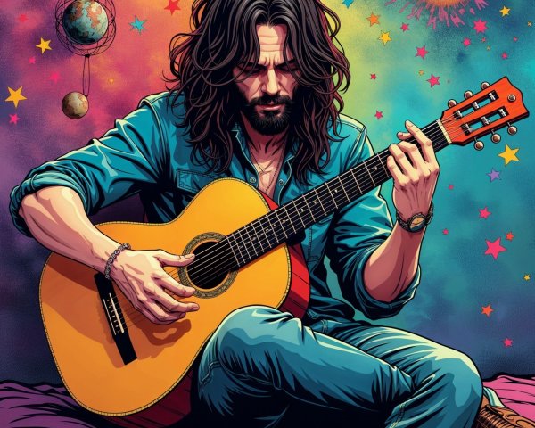 Man Playing Acoustic Guitar in Colorful Background