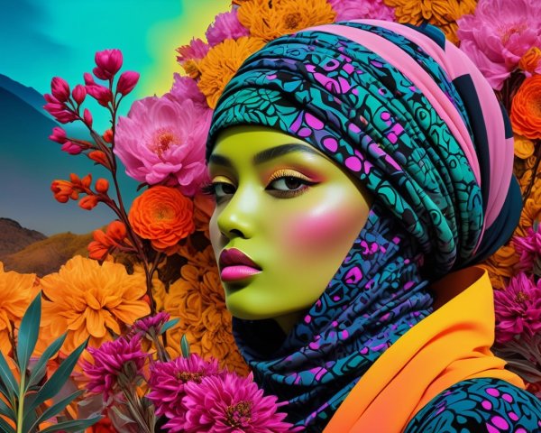 Portrait of a woman in vibrant patterned hijab