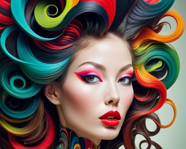 Model with Vibrant Rainbow Hairstyle and Bold Makeup