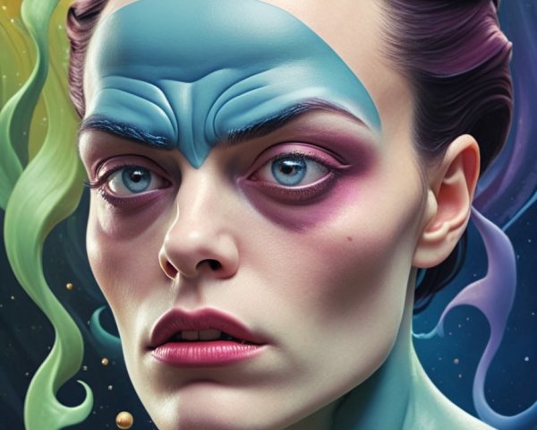 Portrait of a Person with Blue Skin and Cosmic Background