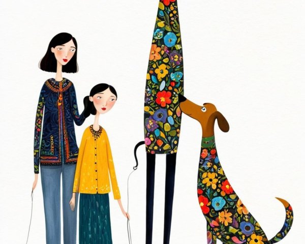 Women with Dogs in a Vibrant Floral Design