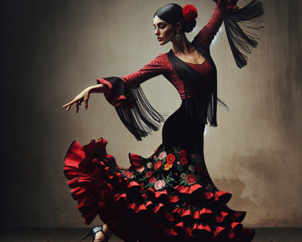 Flamenco Dancer in Vibrant Black and Red Dress