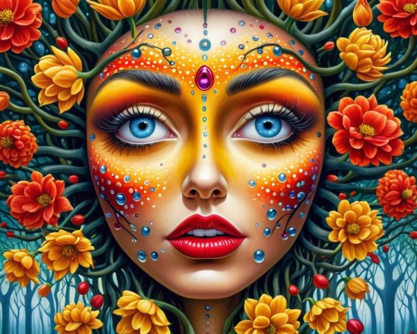 Vibrant Portrait of Woman with Nature and Flowers