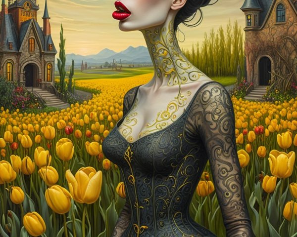 Elegant figure in black lace gown among tulips
