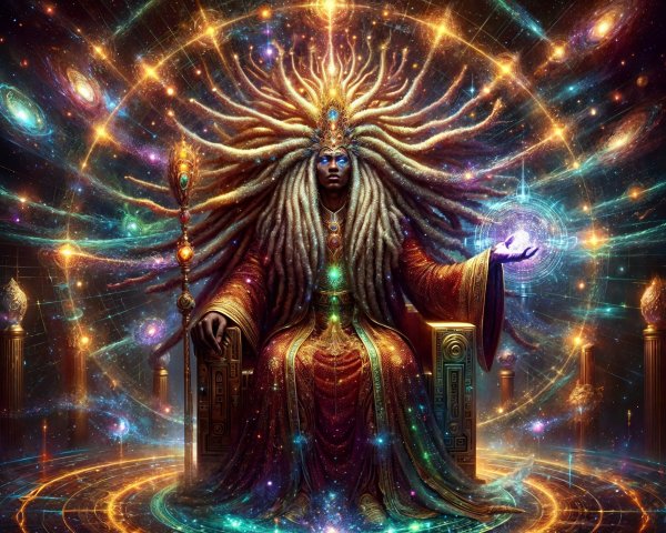 Majestic figure on celestial throne with cosmic patterns