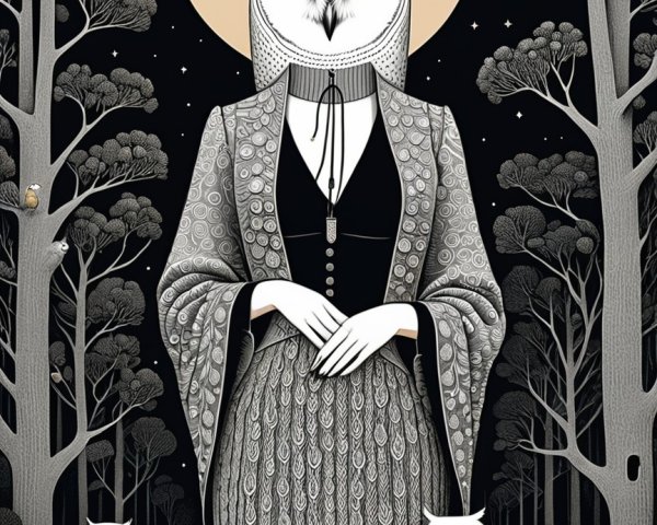 Owl-Headed Figure in Enchanted Forest Scene