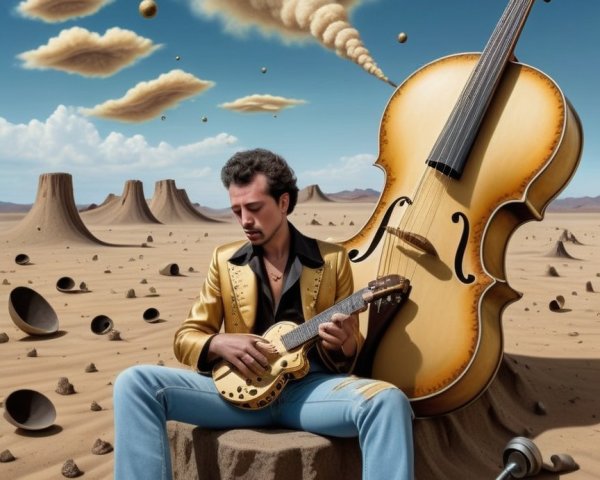 Surreal Desert Landscape with Musician and Instruments