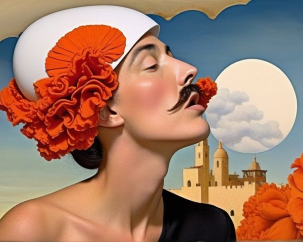 Surreal Woman with Orange Flowers and Moonlit Landscape