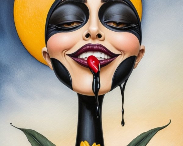 Stylized Character with Elongated Neck and Sunflower