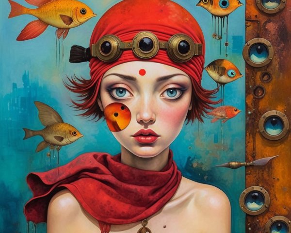 Surreal Portrait of Woman with Fish in Blue Background