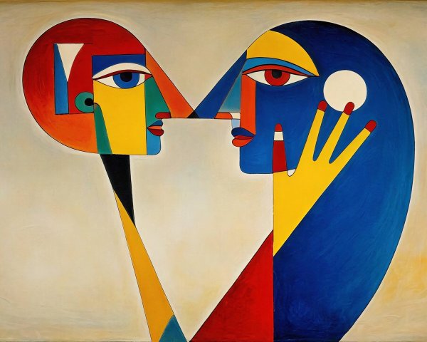 Vibrant Abstract Painting with Stylized Faces in Profile