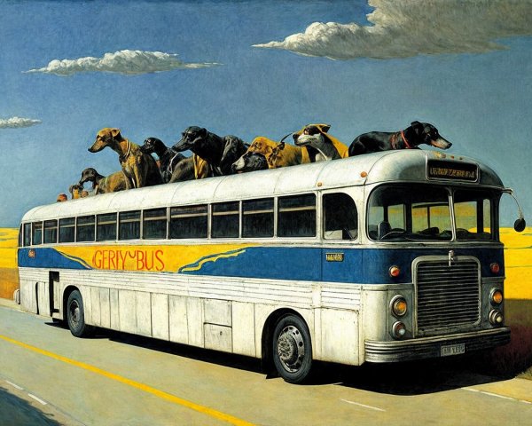 Vintage Blue and White Bus with Dogs on Roof