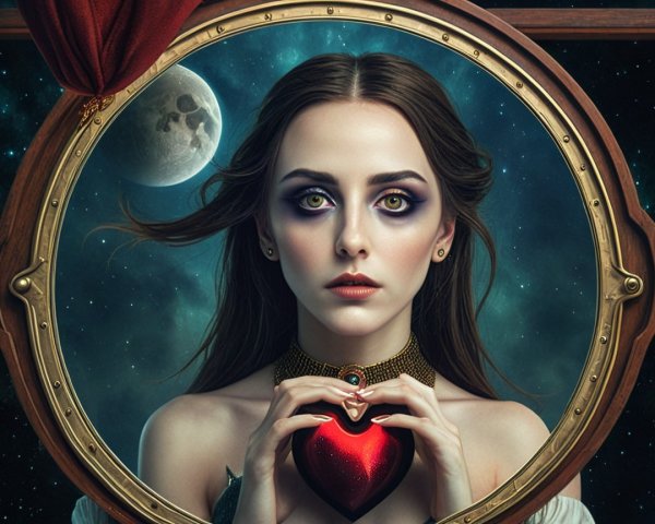 Young Woman with Heart in Circular Mirror Frame