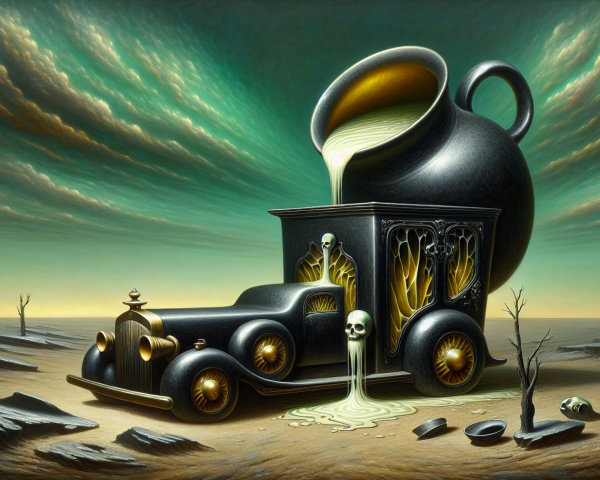 Surreal Scene with Vintage Car and Eerie Figures