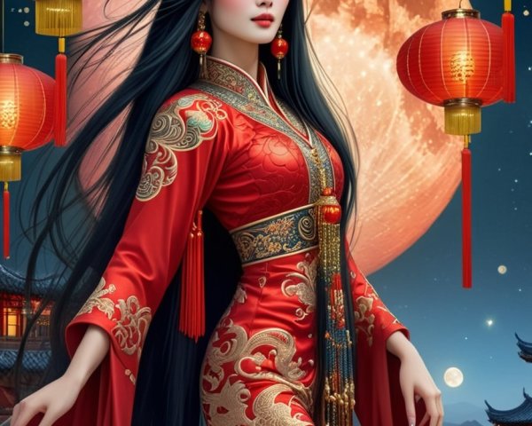 Traditional Red Dress with Lanterns and Moonlit Scene