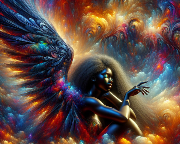 Surreal Figure with Detailed Wings and Vibrant Colors