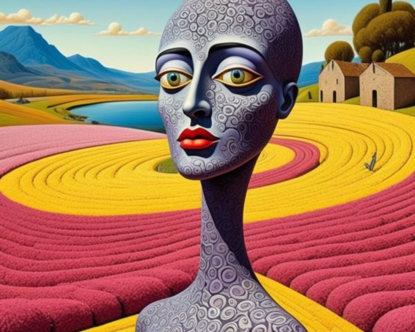Surreal Landscape with Stylized Female Figure and Patterns