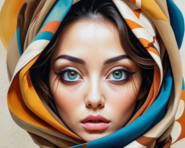 Portrait of a Young Woman with Blue Eyes and Scarf