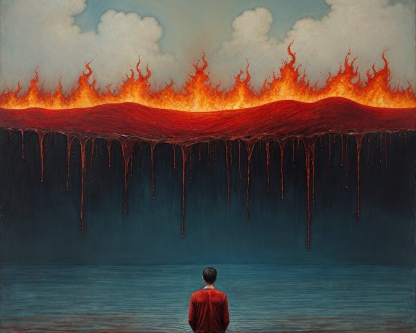 Solitary Figure in Calm Waters Against Fiery Horizon