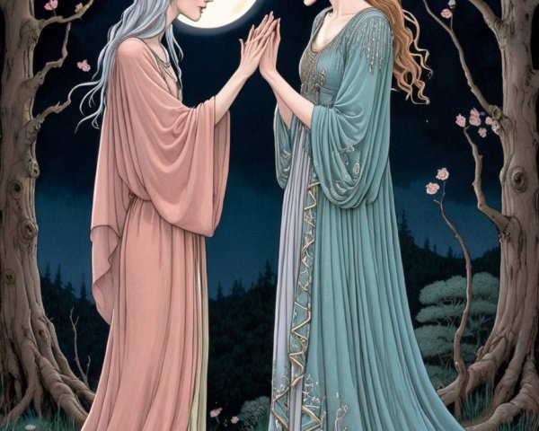 Ethereal Figures in Twilight with Moonlit Connection