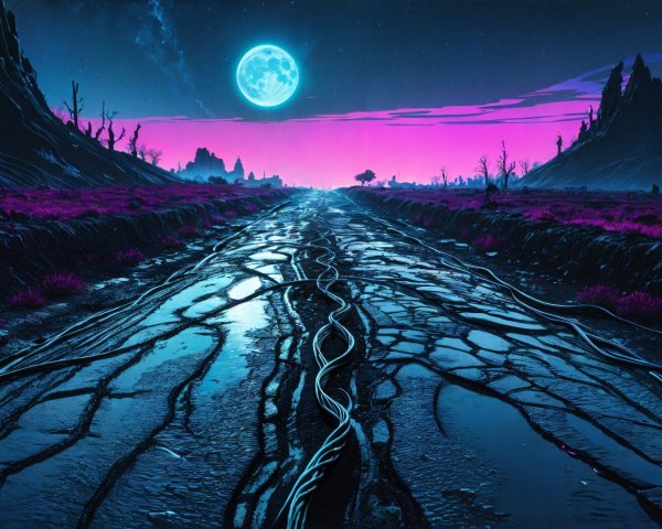 Desolate Road in Surreal Landscape with Vibrant Colors