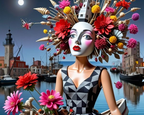 Surreal figure with mask in vibrant harbor scene