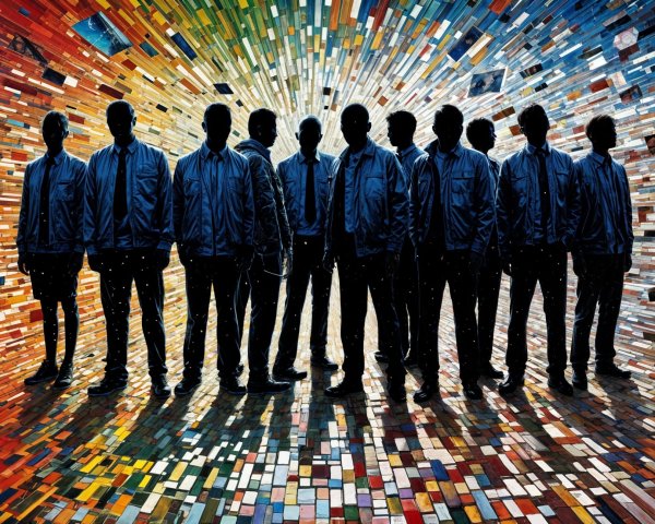 Silhouettes Against Vibrant Abstract Geometric Background