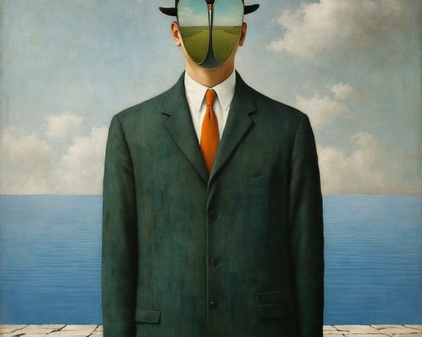 Formal figure with landscape face in serene setting