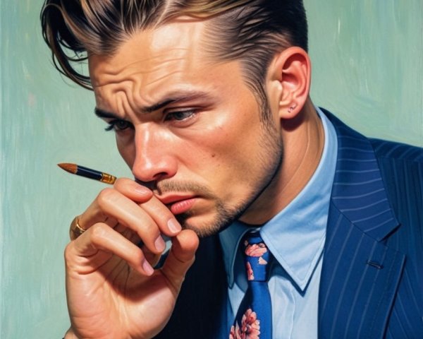 Contemplative Young Man in Stylish Suit and Floral Tie