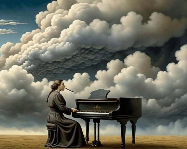 Woman in Black Dress Playing Piano Under Dramatic Clouds